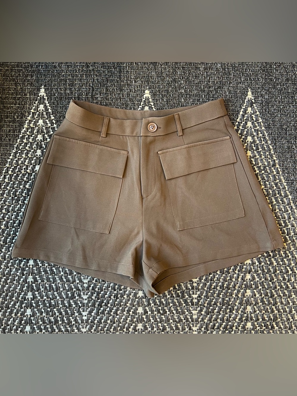 NEW SHEIN Brown Dressy Patch Flap Pocket Dress Shorts Polyester Crepe Stretch S